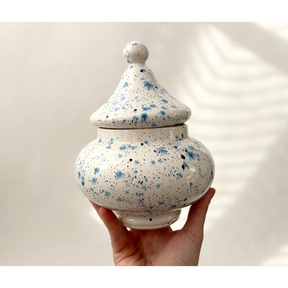Handmade Blue & White Spotted | Speckle Glaze Vintage Ceramic Apothecary Jar